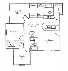 Floor plan for 3 beds, 2 baths, 1262 sqft